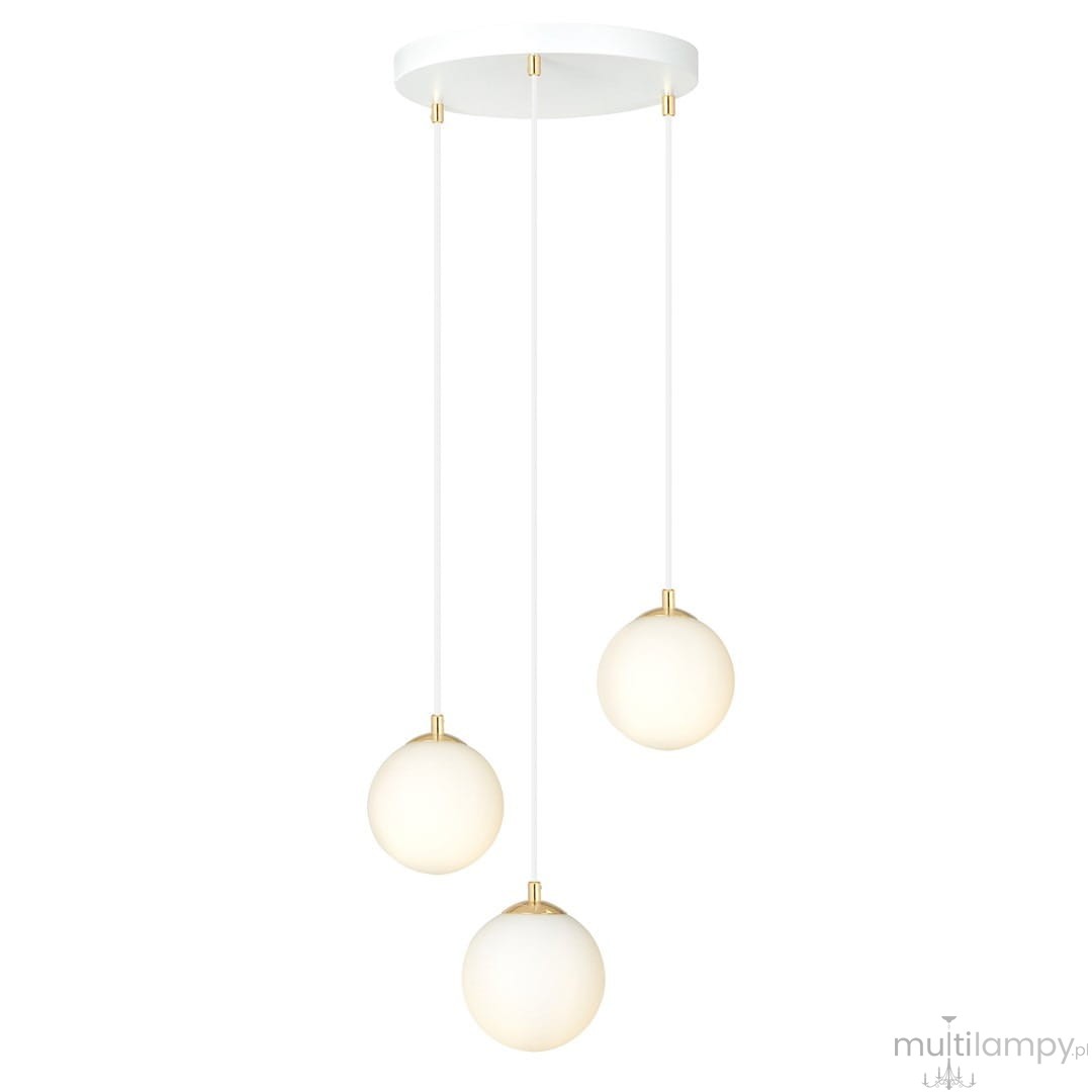 Lampa wisząca Royal 3-punktowa w kolorze białym i złotym. Składa się z trzech kulistych źródeł światła na długich, białych przewodach. Montowana na okrągłej, białej podstawie sufitowej.