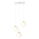 Lampa wisząca Royal 3-punktowa w kolorze białym i złotym. Składa się z trzech kulistych źródeł światła na długich, białych przewodach. Montowana na okrągłej, białej podstawie sufitowej.