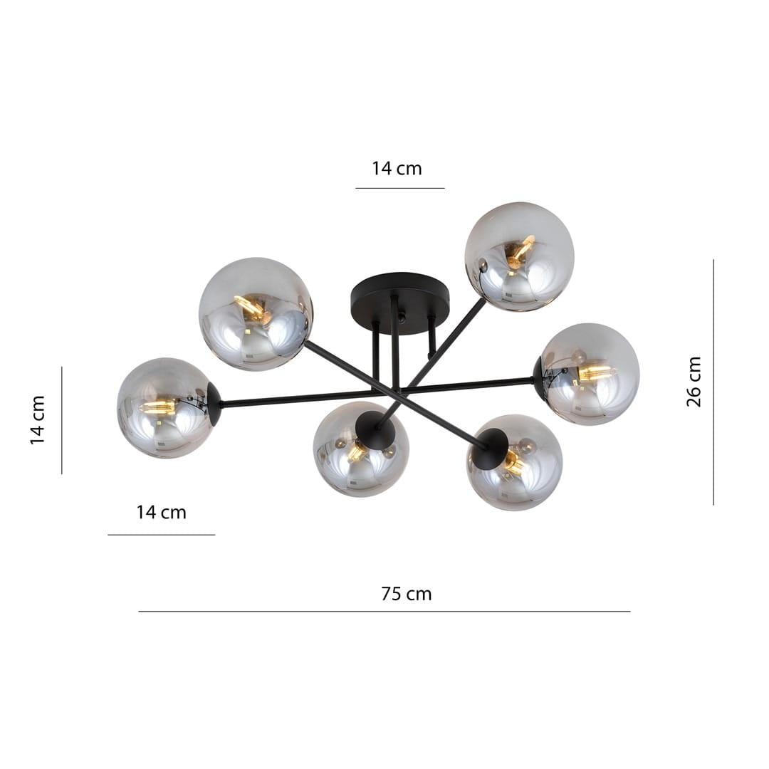 Lampa sufitowa Roma 6-punktowa w kolorze czarnym i grafitowym, z sześcioma metalowymi ramionami i okrągłymi kloszami o średnicy 14 cm. Wymiary: 75 cm szerokości, 26 cm wysokości, montowana na suficie.
