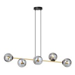 Lampa wisząca Gravity 6-punktowa w kolorach czarnym, złotym i grafitowym. Posiada sześć metalowych kul w wykończeniu chromowanym, zawieszonych na cienkiej złotej rurze. Prosta, nowoczesna konstrukcja z okrągłym, czarnym mocowaniem sufitowym.