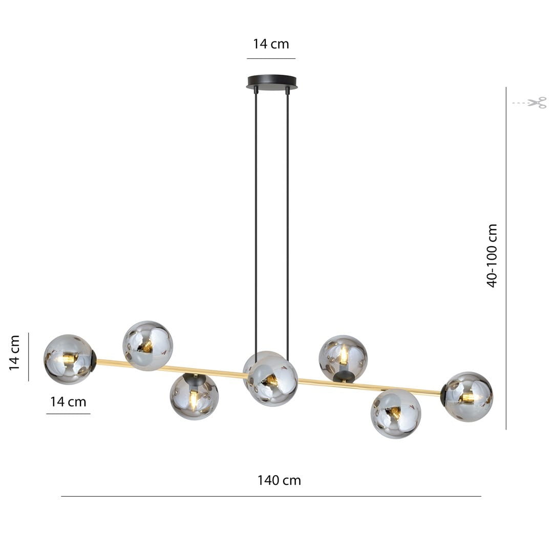 Lampa wisząca Gravity 8-punktowa w kolorze czarnym, złotym i grafitowym. Składa się z ośmiu kulistych kloszy o średnicy 14 cm, zawieszonych na prostokątnej, złotej belce. Długość lampy wynosi 140 cm, z regulacją zawieszenia od 40 do 100 cm.