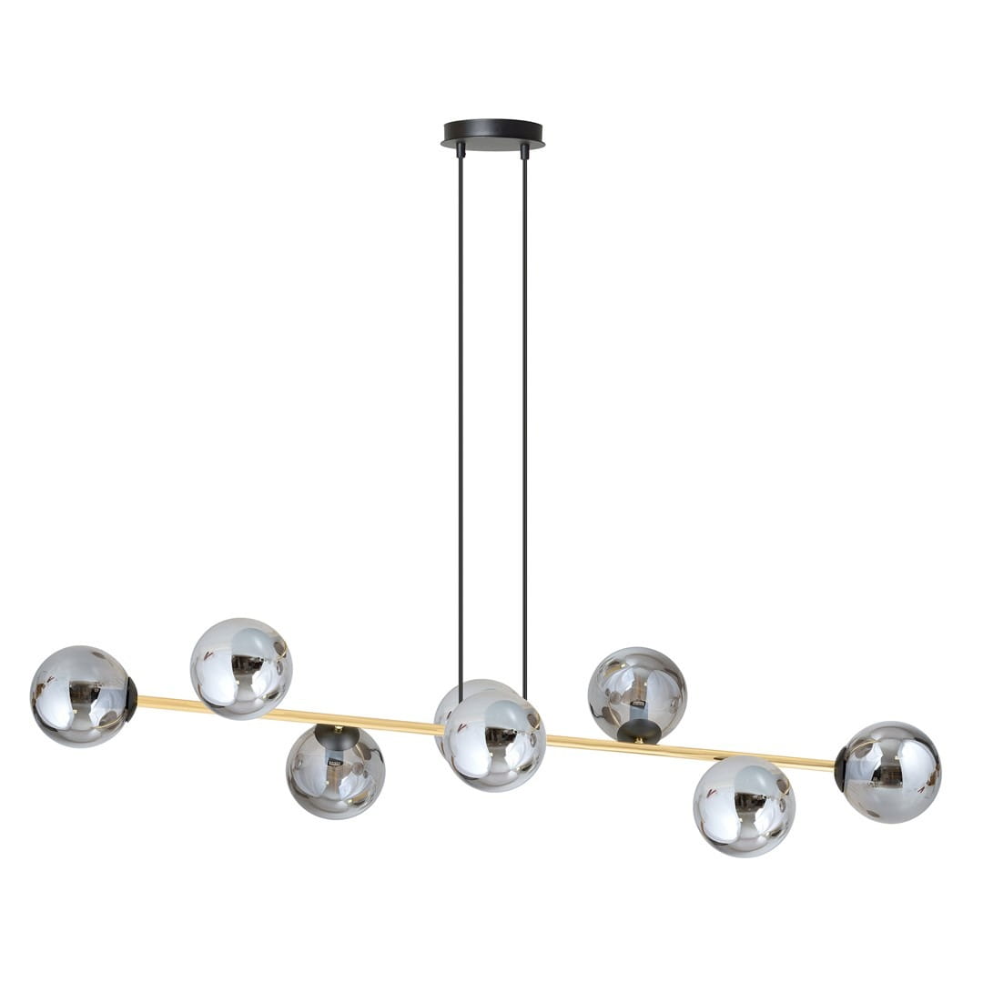 Lampa wisząca Gravity 8-punktowa w kolorze czarnym, złotym i grafitowym. Składa się z ośmiu kulistych kloszy w metalicznym wykończeniu, zawieszonych na cienkim, poziomym ramieniu. Klosze są umieszczone równomiernie, z dwiema linkami podtrzymującymi.