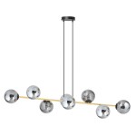 Lampa wisząca Gravity 8-punktowa w kolorze czarnym, złotym i grafitowym. Składa się z ośmiu kulistych kloszy w metalicznym wykończeniu, zawieszonych na cienkim, poziomym ramieniu. Klosze są umieszczone równomiernie, z dwiema linkami podtrzymującymi.