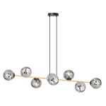 Lampa wisząca Gravity 8-punktowa w kolorze czarnym, złotym i grafitowym. Składa się z podłużnej metalowej ramy z ośmioma okrągłymi, lustrzanymi kulami. Zawieszona na dwóch cienkich linkach do sufitu, prezentuje nowoczesny design.