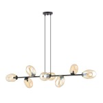 Lampa wisząca Pandora 8-punktowa w kolorze czarnym i miodowym, złożona z ośmiu szklanych kloszy o owalnym kształcie, zawieszona na cienkich linkach. Klosze w miodowym kolorze zapewniają ciepłe światło, a czarna konstrukcja nadaje nowoczesny wygląd.
