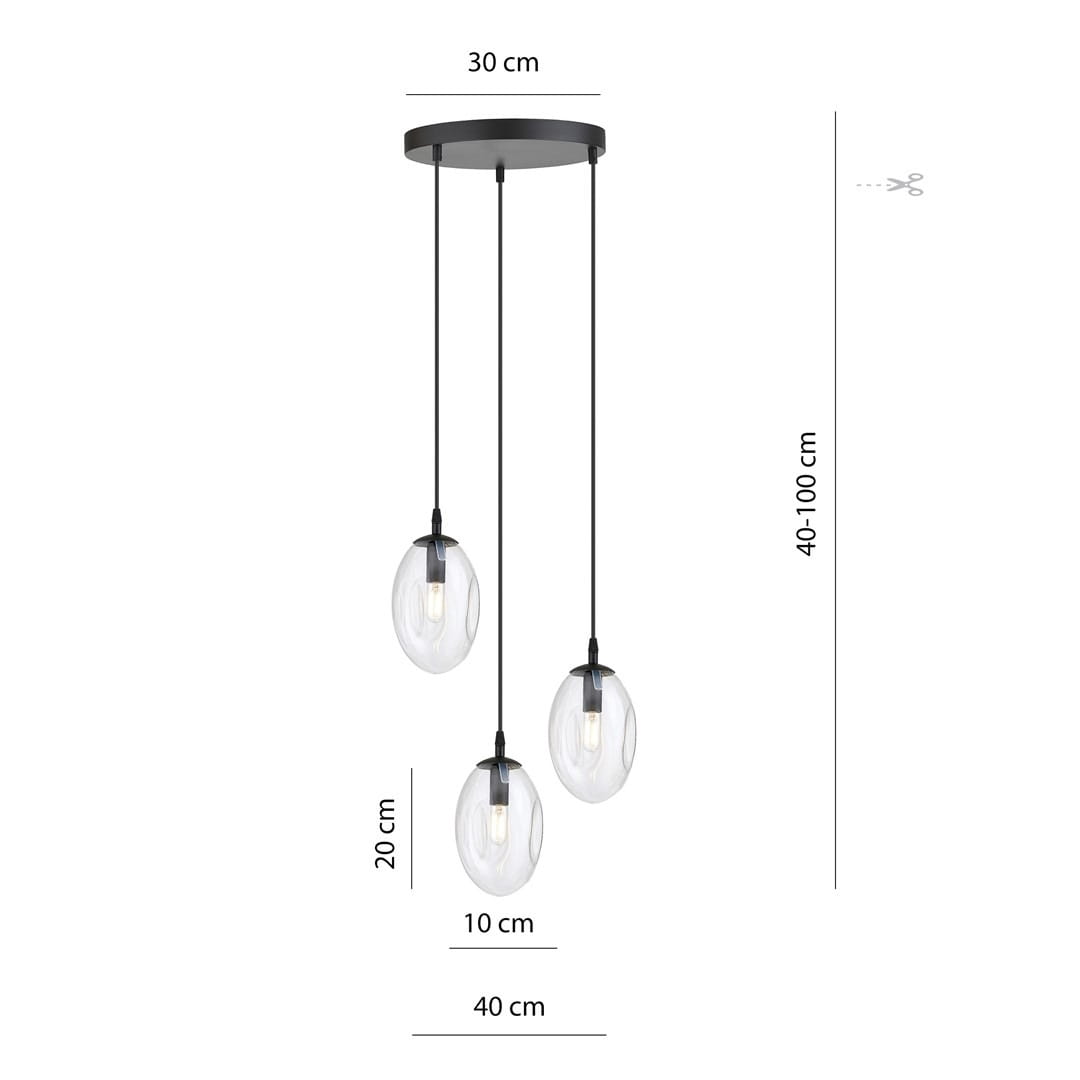 Lampa wisząca Astral 3-punktowa w kolorze czarnym z transparentnymi kloszami. Wymiary: średnica podstawy 30 cm, długość zwisu 40-100 cm. Klosze o wysokości 20 cm i średnicy 10 cm, zawieszone na czarnych linkach. Nowoczesny design.