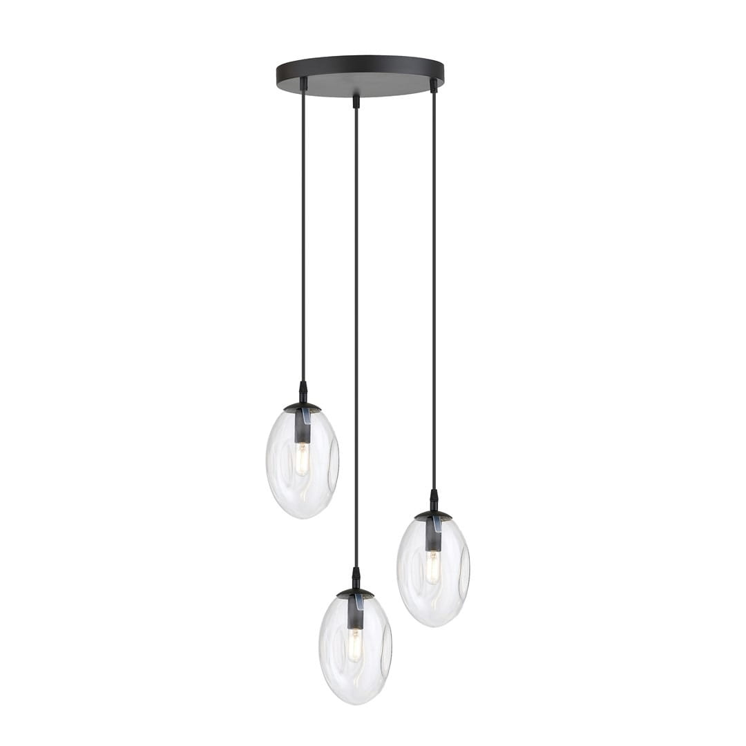 Lampa wisząca Astral 3-punktowa w kolorze czarnym i transparentnym, z trzema szklanymi kloszami o owalnym kształcie, zawieszona na czarnych linkach. Montaż sufitowy, minimalistyczny design, idealna do nowoczesnych wnętrz.