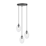 Lampa wisząca Astral 3-punktowa w kolorze czarnym i transparentnym, z trzema szklanymi kloszami o owalnym kształcie, zawieszona na czarnych linkach. Montaż sufitowy, minimalistyczny design, idealna do nowoczesnych wnętrz.