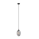 Lampa wisząca Astral 1-punktowa w kolorze czarnym i grafitowym, z przezroczystym kloszem o owalnym kształcie. Zawieszona na cienkim kablu, idealna do nowoczesnych wnętrz, prezentująca żarówkę wewnątrz klosza. Tło białe.