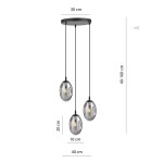 Czarna i grafitowa lampa wisząca Astral z trzema szklanymi kloszami w kształcie owalnym, zawieszona na regulowanych linkach. Wymiary: średnica 30 cm, wysokość kloszy 20 cm, długość zawieszenia 40-100 cm. Minimalistyczny design.