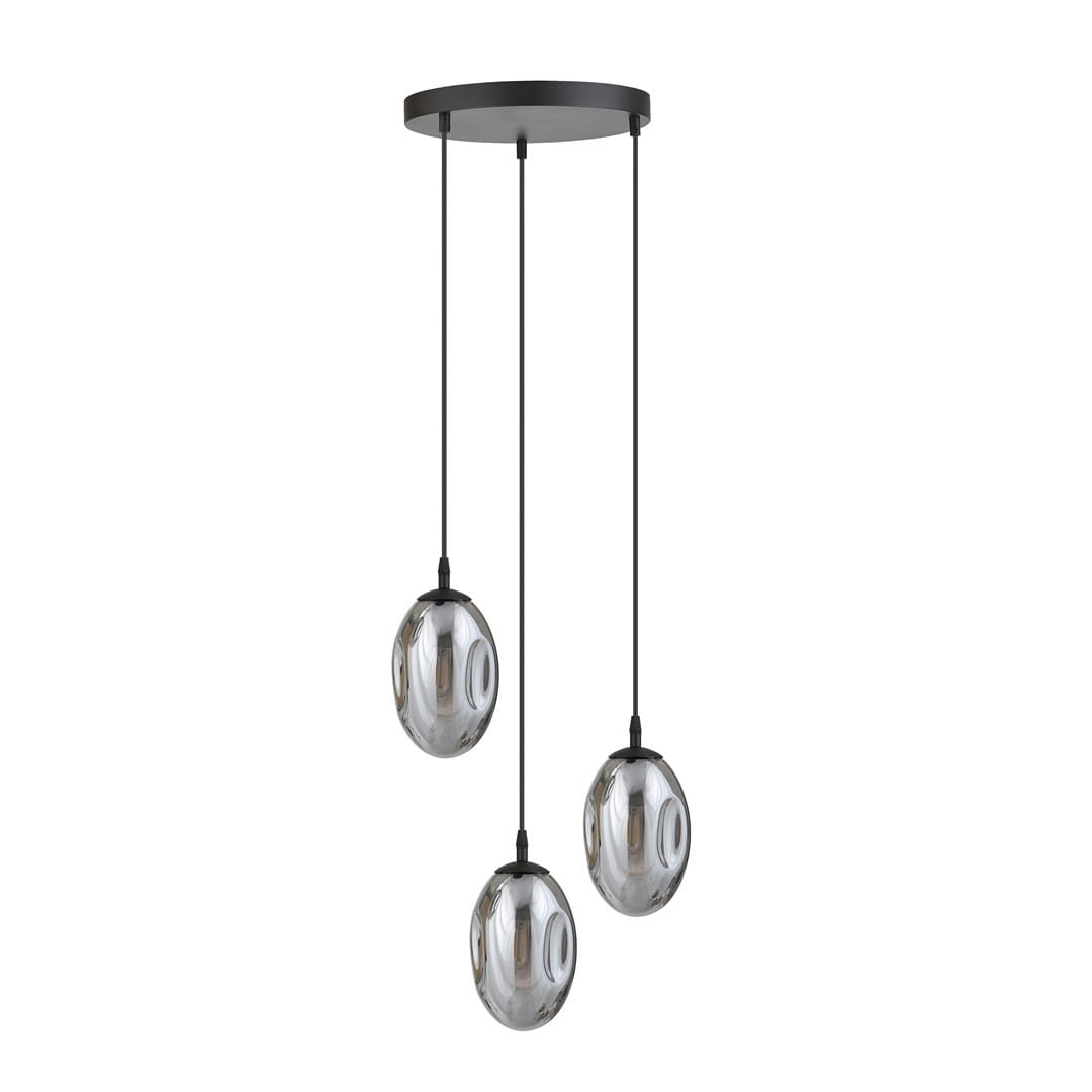 Lampa wisząca Astral 3-punktowa w kolorze czarnym i grafitowym, z trzema okrągłymi kloszami w przezroczystym, lekko szarym kolorze. Klosze zawieszone na cienkich linkach, przymocowane do okrągłej podstawy sufitowej. Idealna do nowoczesnych wnętrz.