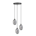Lampa wisząca Astral 3-punktowa w kolorze czarnym i grafitowym, z trzema okrągłymi kloszami w przezroczystym, lekko szarym kolorze. Klosze zawieszone na cienkich linkach, przymocowane do okrągłej podstawy sufitowej. Idealna do nowoczesnych wnętrz.