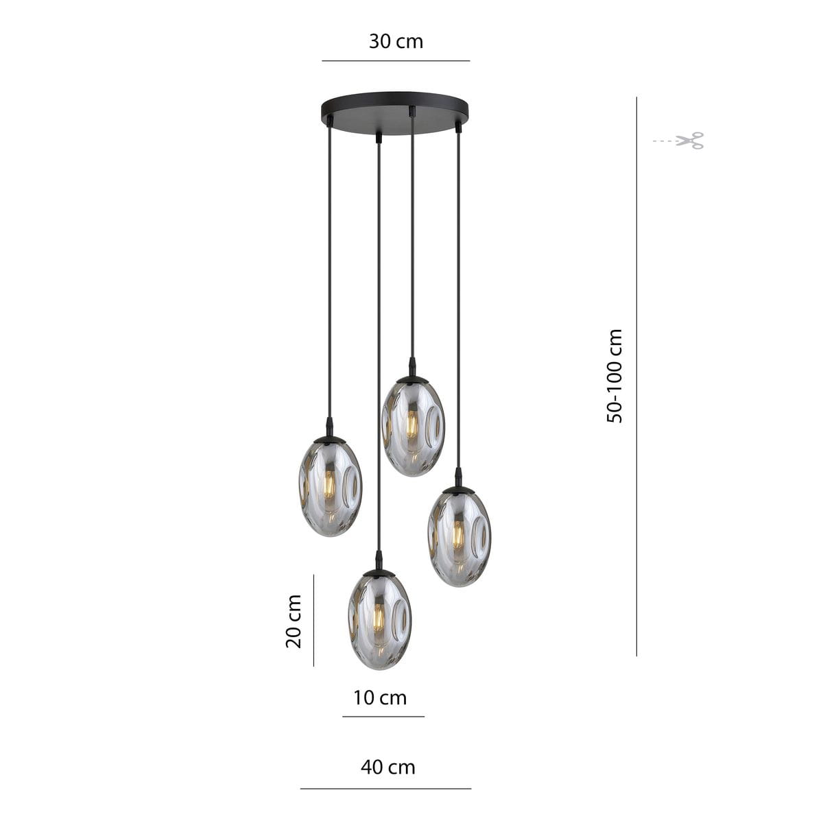 Lampa wisząca Astral 4-punktowa w kolorze czarnym/grafitowym. Cztery szklane klosze w kształcie owalnym, zawieszone na czarnych linkach. Wymiary: średnica podstawy 30 cm, wysokość kloszy 20 cm, długość zwisów 50-100 cm.