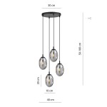 Lampa wisząca Astral 4-punktowa w kolorze czarnym/grafitowym. Cztery szklane klosze w kształcie owalnym, zawieszone na czarnych linkach. Wymiary: średnica podstawy 30 cm, wysokość kloszy 20 cm, długość zwisów 50-100 cm.