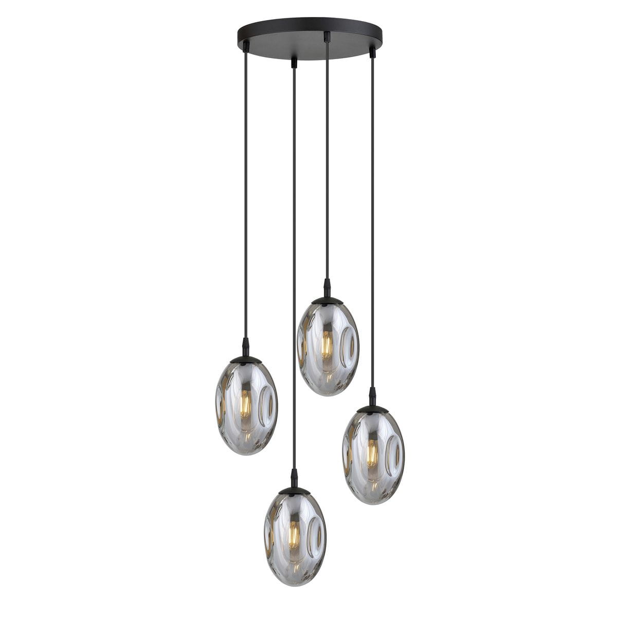 Lampa wisząca Astral 4-punktowa w kolorze czarnym i grafitowym z czterema szklanymi kloszami w kształcie owalnym. Klosze zawieszone na cienkich linkach, zamontowane na okrągłej podstawie. W tle jednolite, jasne.