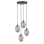Lampa wisząca Astral 4-punktowa w kolorze czarnym i grafitowym z czterema szklanymi kloszami w kształcie owalnym. Klosze zawieszone na cienkich linkach, zamontowane na okrągłej podstawie. W tle jednolite, jasne.