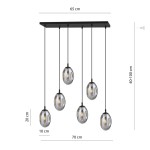 Lampa wisząca Astral 6-punktowa w kolorze czarnym i grafitowym z sześcioma szklanymi kloszami w kształcie elipsy. Wymiary: długość 65 cm, wysokość 20 cm, regulacja wysokości od 40 do 100 cm. Zawieszona na cienkich linkach.