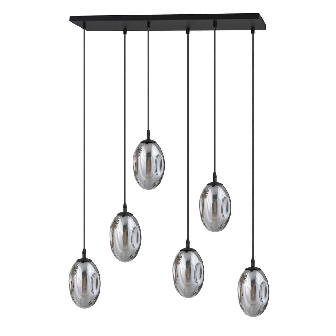 Lampa wisząca Astral 6-punktowa w kolorze czarnym i grafitowym, z sześcioma okrągłymi kloszami w przezroczystym, szklanym wykończeniu. Klosze zawieszone na cienkich, czarnych linkach z metalowym stelażem. Idealna do nowoczesnych wnętrz.