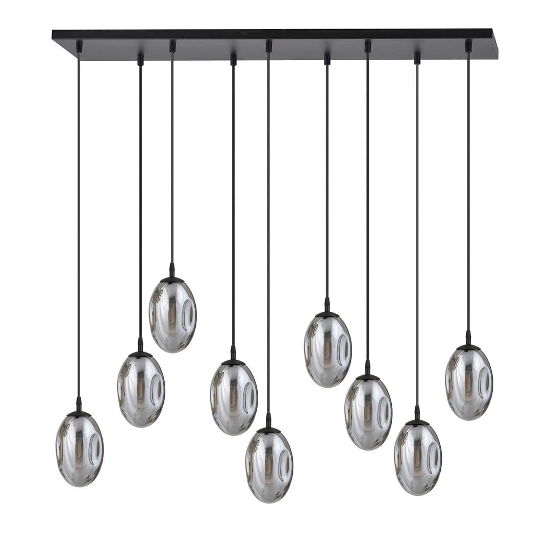 Lampa wisząca Astral 9-punktowa w kolorze czarnym i grafitowym, z dziewięcioma okrągłymi kloszami w metalicznym odcieniu, zawieszona na cienkich linkach z prostokątną podstawą. Ujęcie frontalne, na białym tle.