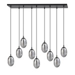 Lampa wisząca Astral 9-punktowa w kolorze czarnym i grafitowym, z dziewięcioma okrągłymi kloszami w metalicznym odcieniu, zawieszona na cienkich linkach z prostokątną podstawą. Ujęcie frontalne, na białym tle.