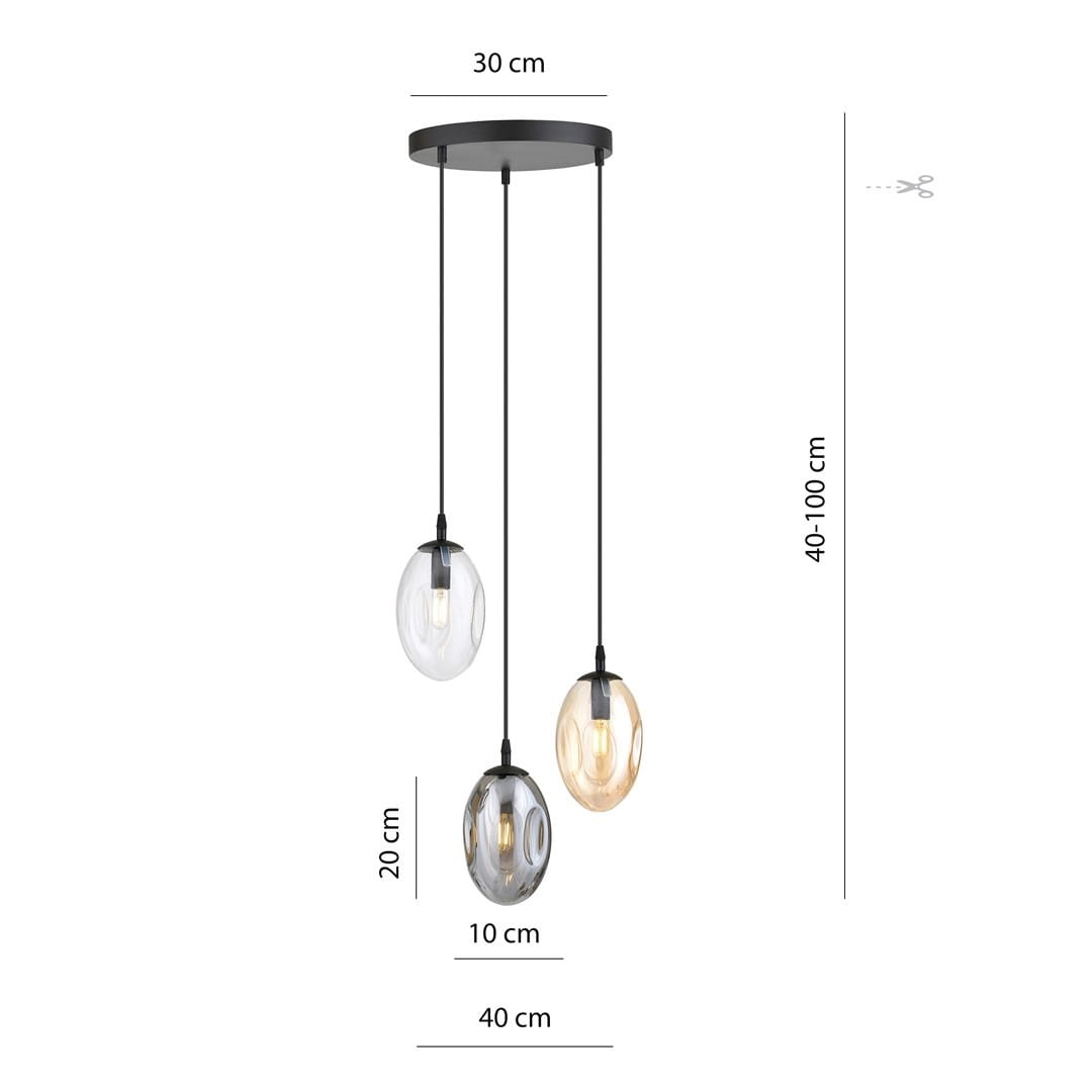 Lampa wisząca Astral 3-punktowa w kolorze czarnym z wielokolorowymi, szklanymi kloszami w kształcie owalnym. Długość zwisu regulowana od 40 do 100 cm. Górna część okrągła, średnica 30 cm. Widok z dołu, ukazujący trzy klosze o różnych odcieniach.