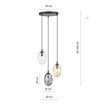Lampa wisząca Astral 3-punktowa w kolorze czarnym z wielokolorowymi, szklanymi kloszami w kształcie owalnym. Długość zwisu regulowana od 40 do 100 cm. Górna część okrągła, średnica 30 cm. Widok z dołu, ukazujący trzy klosze o różnych odcieniach.