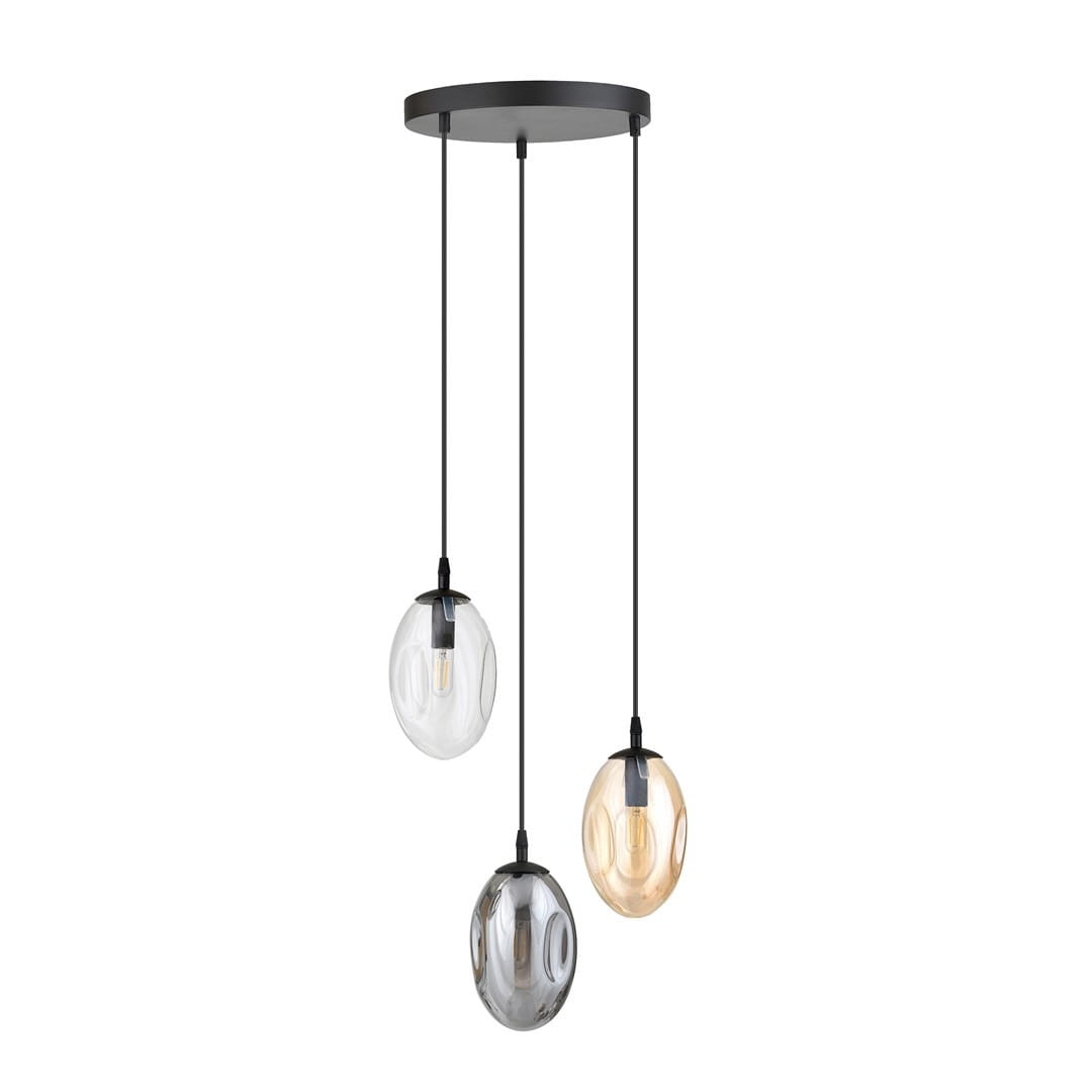 Lampa wisząca Astral 3-punktowa w kolorze czarnym z trzema szklanymi kloszami w odcieniach przezroczystym, szarym i złotym. Klosze mają owalny kształt, zawieszone na czarnych przewodach. Montowana na okrągłej podstawie sufitowej.