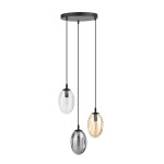 Lampa wisząca Astral 3-punktowa w kolorze czarnym z trzema szklanymi kloszami w odcieniach przezroczystym, szarym i złotym. Klosze mają owalny kształt, zawieszone na czarnych przewodach. Montowana na okrągłej podstawie sufitowej.