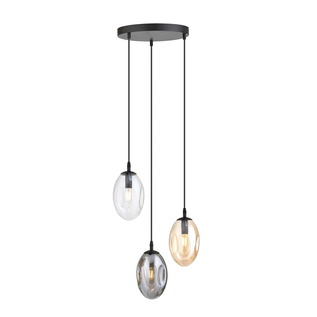 Lampa wisząca Astral 3-punktowa w kolorze czarnym z różnokolorowymi kloszami. Zawieszona na trzech czarnych linkach, z przejrzystymi, szarymi i złotymi kloszami o owalnym kształcie. Montowana na okrągłej podstawie.