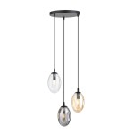 Lampa wisząca Astral 3-punktowa w kolorze czarnym z różnokolorowymi kloszami. Zawieszona na trzech czarnych linkach, z przejrzystymi, szarymi i złotymi kloszami o owalnym kształcie. Montowana na okrągłej podstawie.
