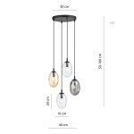 Czarna lampa wisząca Astral 4-punktowa z multikolorowymi kloszami. Klosze w kształcie owalnym, wykonane ze szkła, o różnych odcieniach. Długość zwisu regulowana (50-100 cm), średnica podstawy 30 cm, wysokość kloszy 20 cm, szerokość 10 cm.