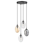 Lampa wisząca Astral 4-punktowa, czarna z multikolorowymi kloszami w kształcie owalnym. Klosze wykonane z przezroczystego szkła w odcieniach złotym, szarym i przezroczystym. Zawieszona na cienkich linkach z okrągłym stelażem.