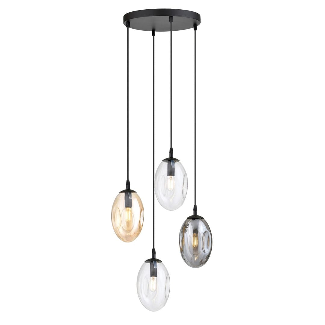 Lampa wisząca Astral 4-punktowa w kolorze czarnym i multikolorowym. Cztery szklane klosze w różnych odcieniach: przezroczystym, szarym i bursztynowym, zawieszone na cienkich, czarnych linkach. Podstawa okrągła, metalowa.