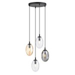 Lampa wisząca Astral 4-punktowa w kolorze czarnym i multikolorowym. Cztery szklane klosze w różnych odcieniach: przezroczystym, szarym i bursztynowym, zawieszone na cienkich, czarnych linkach. Podstawa okrągła, metalowa.