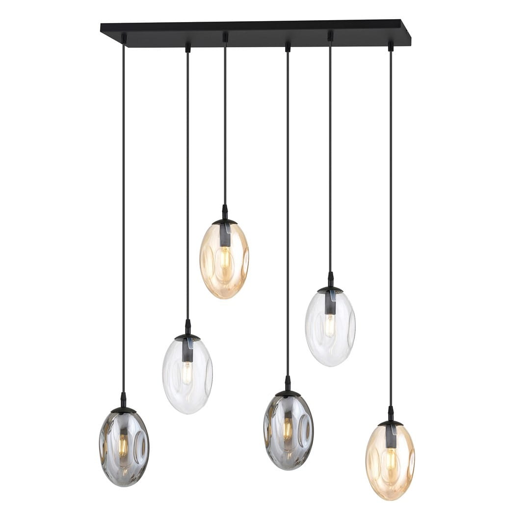Lampa wisząca Astral 6-punktowa w kolorze czarnym z sześcioma kulistymi kloszami w odcieniach przezroczystym i bursztynowym. Produkt zawieszony na czarnych linkach, z prostokątnym, czarnym stelażem. Idealna do nowoczesnych wnętrz.