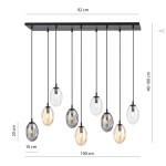 Lampa wisząca Astral 9-punktowa w kolorze czarnym z multikolorowymi kloszami. Wymiary: długość 92 cm, wysokość 40-100 cm, średnica kloszy 10 cm. Klosze w różnych odcieniach przezroczystych i metalicznych. Ujęcie frontalne, zawieszona na czarnych linkach.