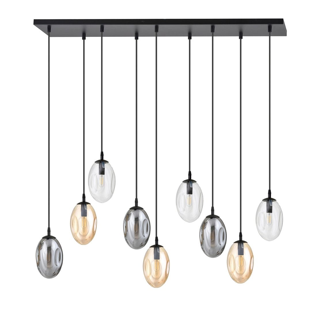 Lampa wisząca Astral 9-punktowa z czarnym stelażem, zawiera osiem szklanych kloszy w różnych kolorach: przezroczystym, szarym i złotym. Klosze mają owalny kształt, zawieszone na cienkich linkach, z równomiernym rozmieszczeniem.