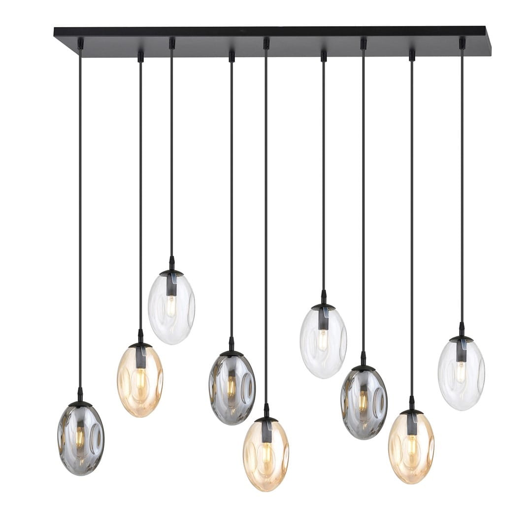 Lampa wisząca Astral 9-punktowa w kolorze czarnym, z szklanymi kloszami w odcieniach przezroczystym i złotym. Klosze o owalnym kształcie są zawieszone na cienkich linkach. Montaż sufitowy, elegancki design, idealna do nowoczesnych wnętrz.