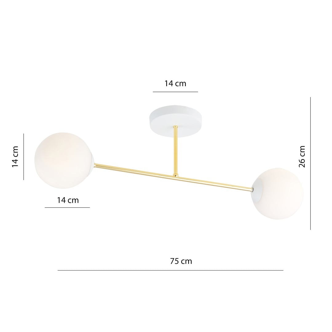 Lampa sufitowa Magnum 2-punktowa w kolorze białym i złotym. Dwa okrągłe klosze o średnicy 14 cm, zamontowane na złotej rurze. Wymiary: długość 75 cm, wysokość 26 cm. Prosta, nowoczesna konstrukcja, idealna do aranżacji wnętrz.