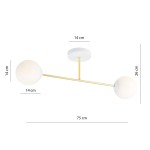 Lampa sufitowa Magnum 2-punktowa w kolorze białym i złotym. Dwa okrągłe klosze o średnicy 14 cm, zamontowane na złotej rurze. Wymiary: długość 75 cm, wysokość 26 cm. Prosta, nowoczesna konstrukcja, idealna do aranżacji wnętrz.