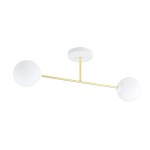 Lampa sufitowa Magnum 2-punktowa w kolorze białym i złotym. Składa się z dwóch białych kul zamocowanych na złotej rurze, zawieszonej na okrągłym, białym mocowaniu. Ujęcie frontalne, produkt wiszący.