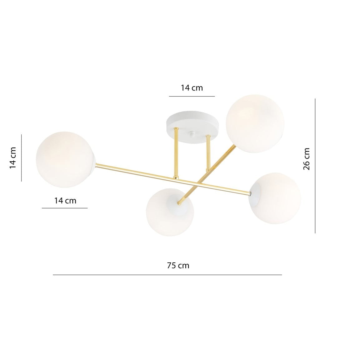 Lampa sufitowa Magnum 4-punktowa, biała z złotymi akcentami. Składa się z czterech okrągłych kloszy o średnicy 14 cm, zamontowanych na złotych rurkach. Całość ma wymiary 75 cm szerokości, 26 cm wysokości i 14 cm głębokości.