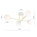 Lampa sufitowa Magnum 4-punktowa, biała z złotymi akcentami. Składa się z czterech okrągłych kloszy o średnicy 14 cm, zamontowanych na złotych rurkach. Całość ma wymiary 75 cm szerokości, 26 cm wysokości i 14 cm głębokości.