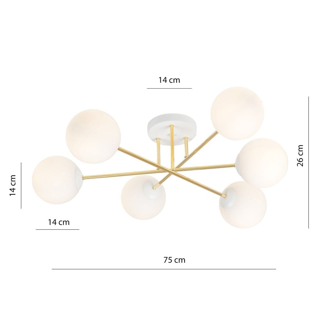 Lampa sufitowa Magnum 6-punktowa w białym i złotym kolorze. Okrągłe klosze z białego szkła na złotych ramionach, z centralnym mocowaniem. Wymiary: średnica 75 cm, wysokość 26 cm, klosze o średnicy 14 cm.