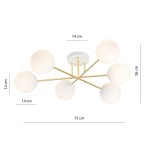 Lampa sufitowa Magnum 6-punktowa w białym i złotym kolorze. Okrągłe klosze z białego szkła na złotych ramionach, z centralnym mocowaniem. Wymiary: średnica 75 cm, wysokość 26 cm, klosze o średnicy 14 cm.