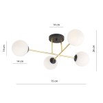 Czarna, złota i biała lampa sufitowa Magnum 4-punktowa z czterema kulistymi kloszami o średnicy 14 cm, zamontowana na okrągłej podsufitce. Wymiary: 75 cm szerokości, 26 cm wysokości. Klosze wykonane z matowego szkła.