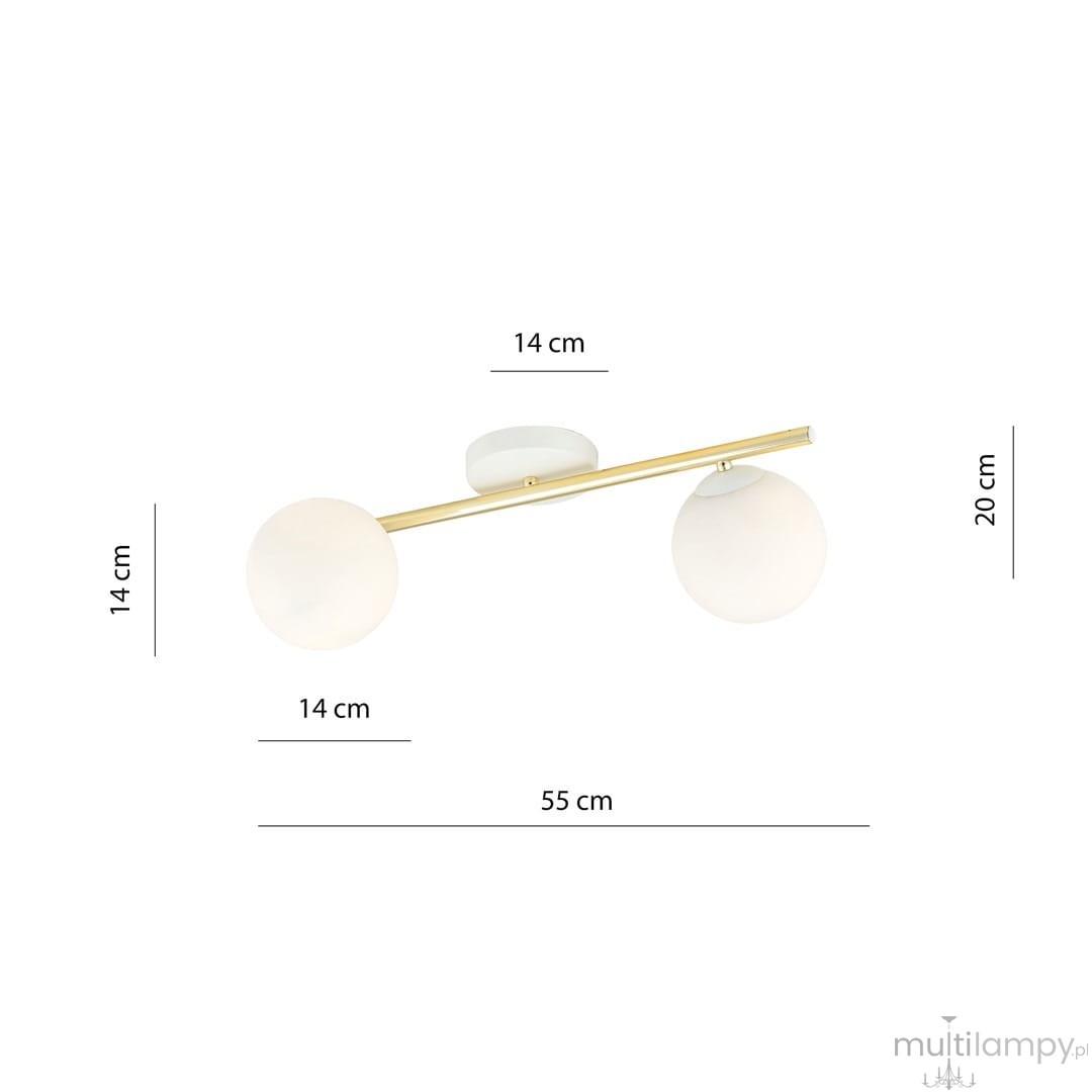 Lampa sufitowa Splendi 2-punktowa w kolorze białym i złotym, z opalowymi kulami. Ułożona poziomo, z dwoma kloszami o średnicy 14 cm, zamocowana na złotej rurze o długości 55 cm. Wymiary: wysokość 20 cm, szerokość 14 cm.