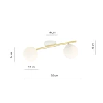 Lampa sufitowa Splendi 2-punktowa w kolorze białym i złotym, z opalowymi kulami. Ułożona poziomo, z dwoma kloszami o średnicy 14 cm, zamocowana na złotej rurze o długości 55 cm. Wymiary: wysokość 20 cm, szerokość 14 cm.