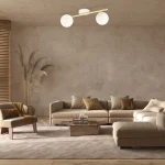 Lampa sufitowa Splendi 2-punktowa w kolorze białym i złotym, z opalowymi kloszami. Ujęcie z góry, montowana na suficie, w nowoczesnym wnętrzu z jasnymi meblami i dekoracjami. Dwa okrągłe klosze na złotej rurze.