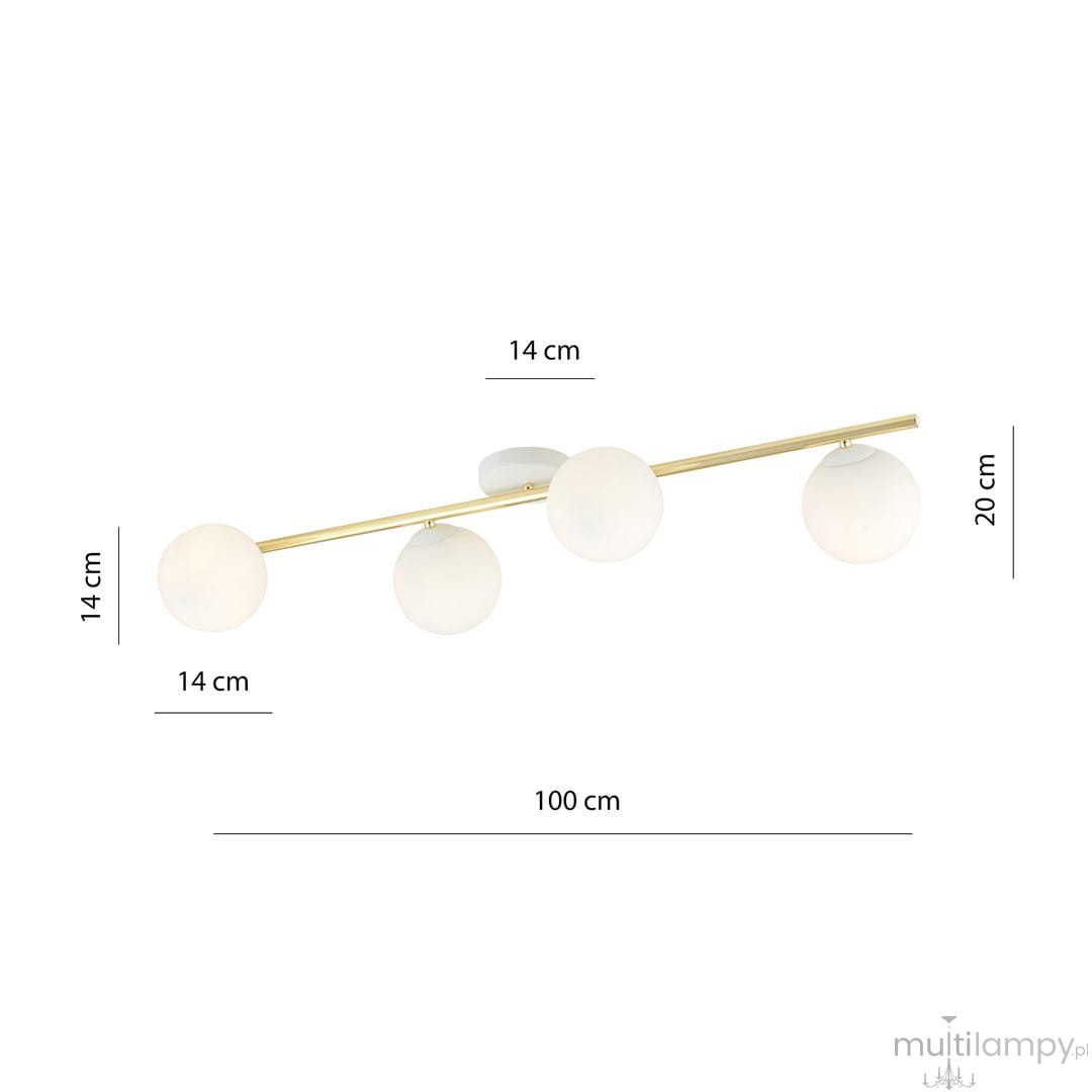 Lampa sufitowa 4-punktowa Splendi w białej i złotej kolorystyce. Składa się z prostokątnej, złotej belki o długości 100 cm z czterema białymi, opalizującymi kulami o średnicy 14 cm, montowana na suficie. Wysokość lampy wynosi 20 cm.